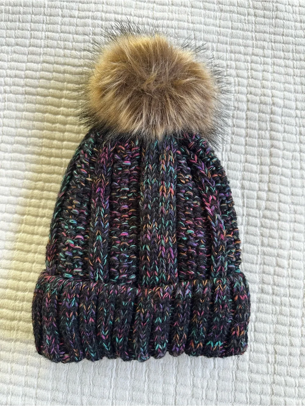 CC Fleece-Lined Warm Cozy Black Multicolor Cable Knit Pom Beanie